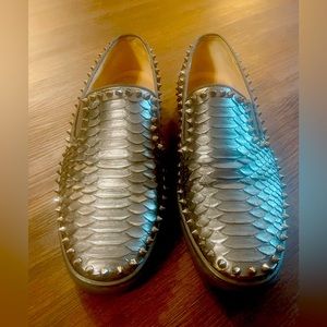 Christian Louboutin Silver Python Roller Boat Spiked Slip On Sneakers Size 42